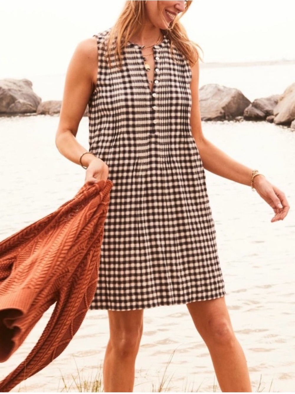 Faherty Isha Gingham Sleeveless Button Front Dress - Black & White - XL